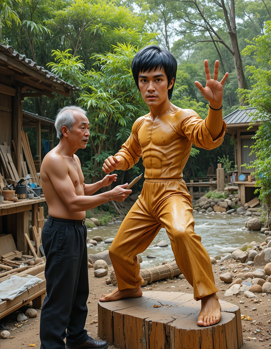 Elderly craftsman carving a wooden martial arts figure outdoors