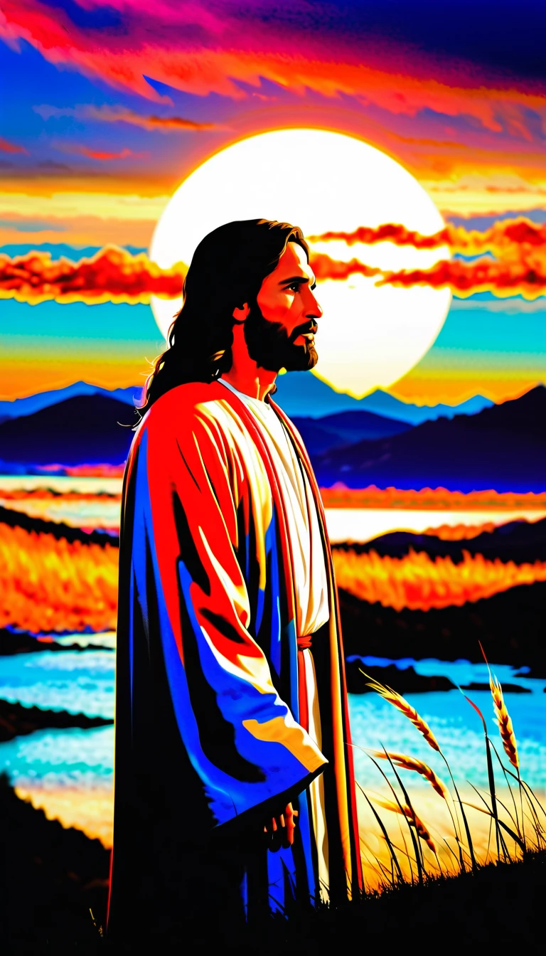Jesus standing on a sunlit hillside at golden hour
