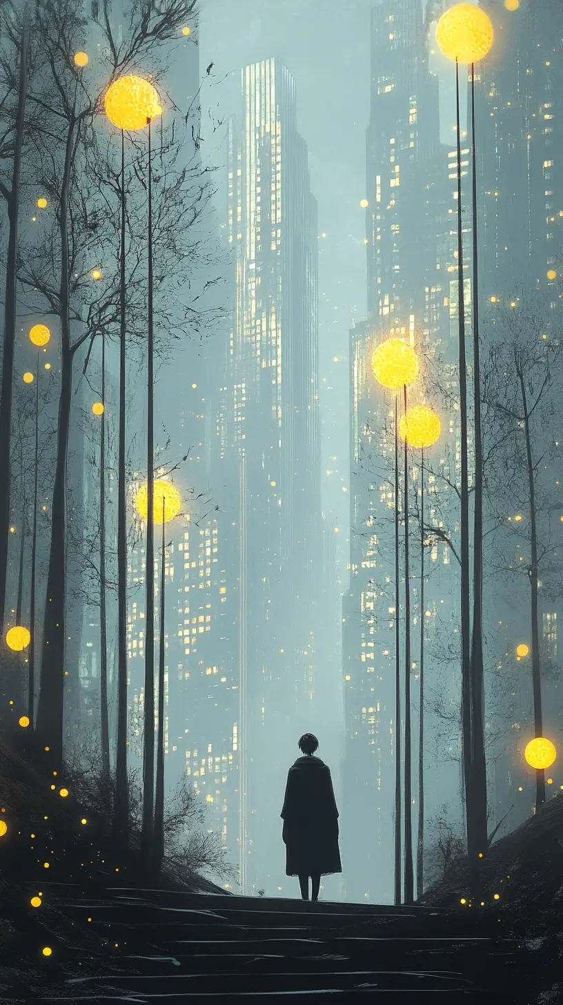 Lone figure on glowing stairway to surreal city