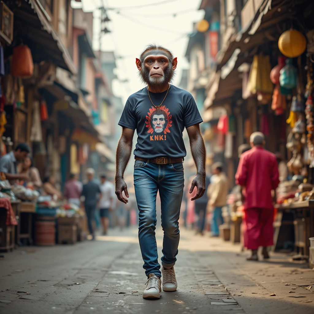 Mono Caminando Erguido por un Bullicioso Mercado Callejero en India