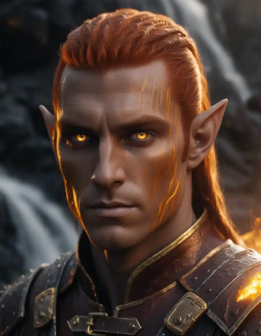 Muscular elf mage in lava filled fantasy landscape