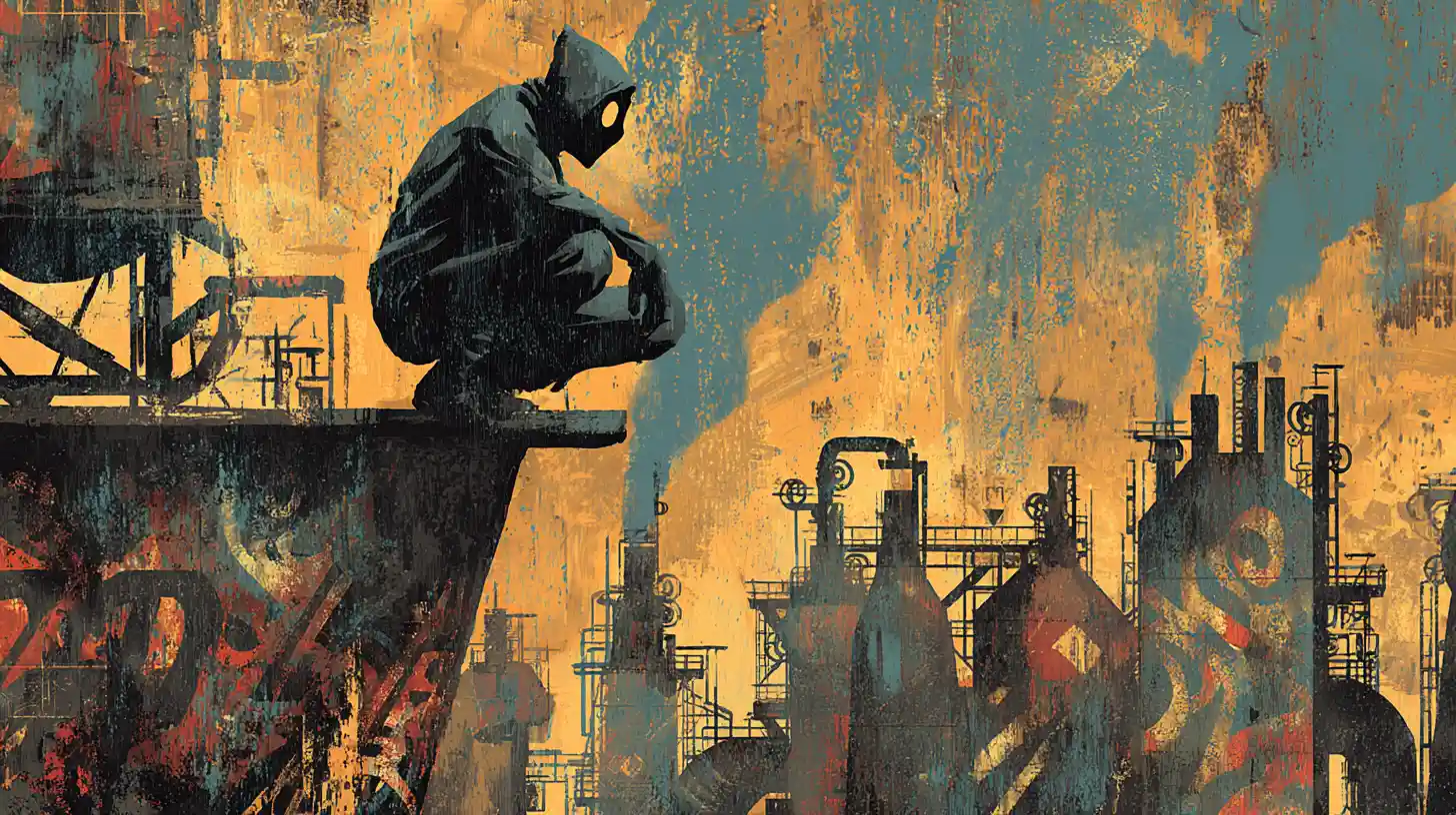 Masked vigilante watching over a dark industrial city