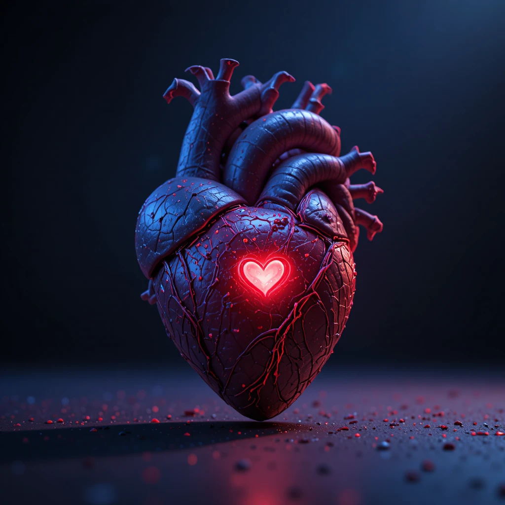 Crying 3D heart character on a dark cinematic background