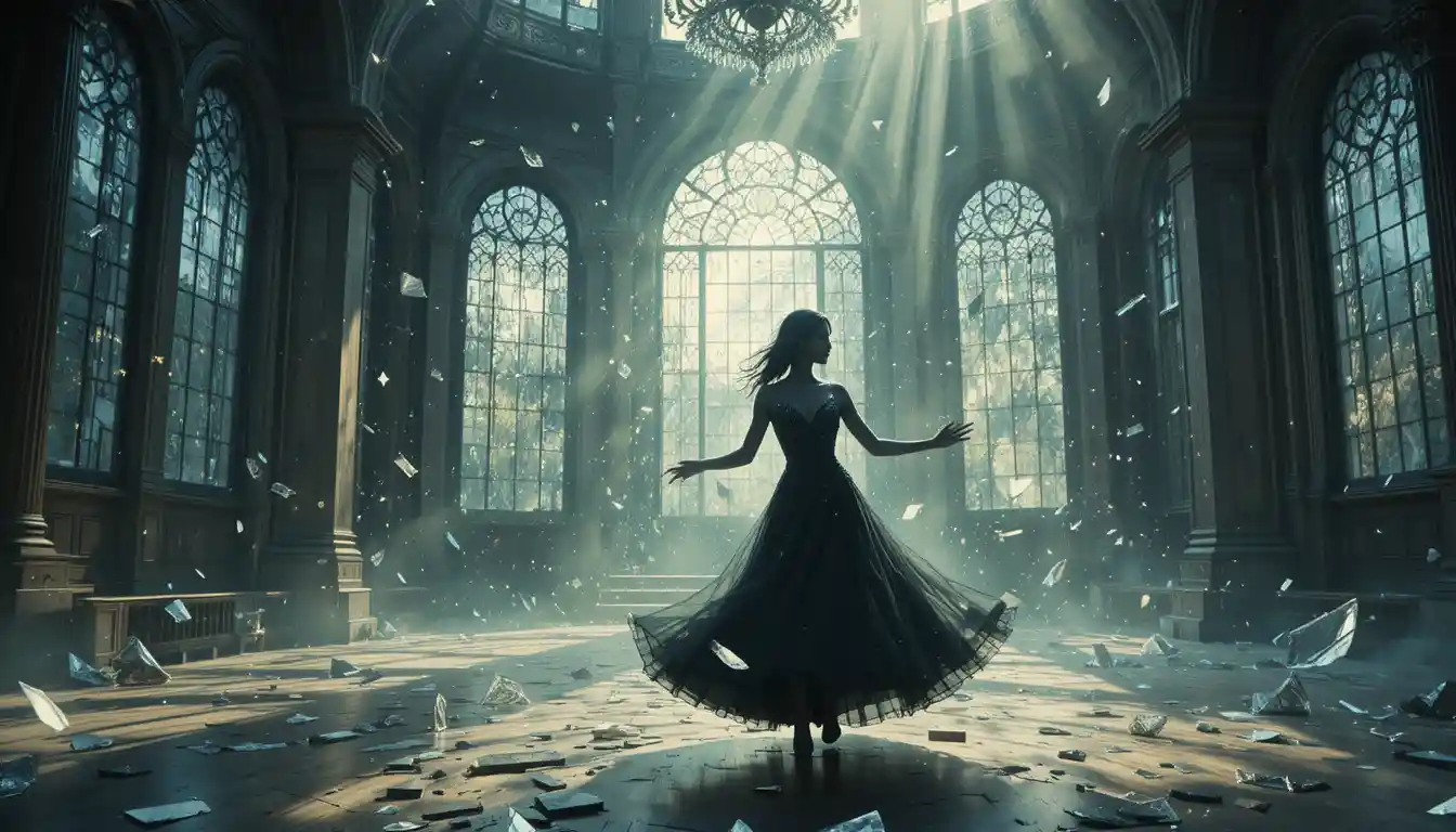 Phantom dancer waltzing in a shattered stained glass ballroom