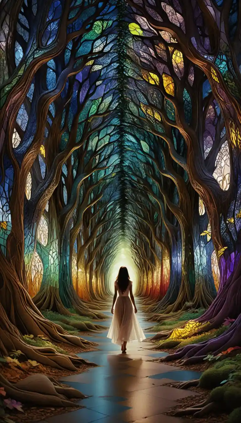Woman walking through glowing stained glass forest tunnel