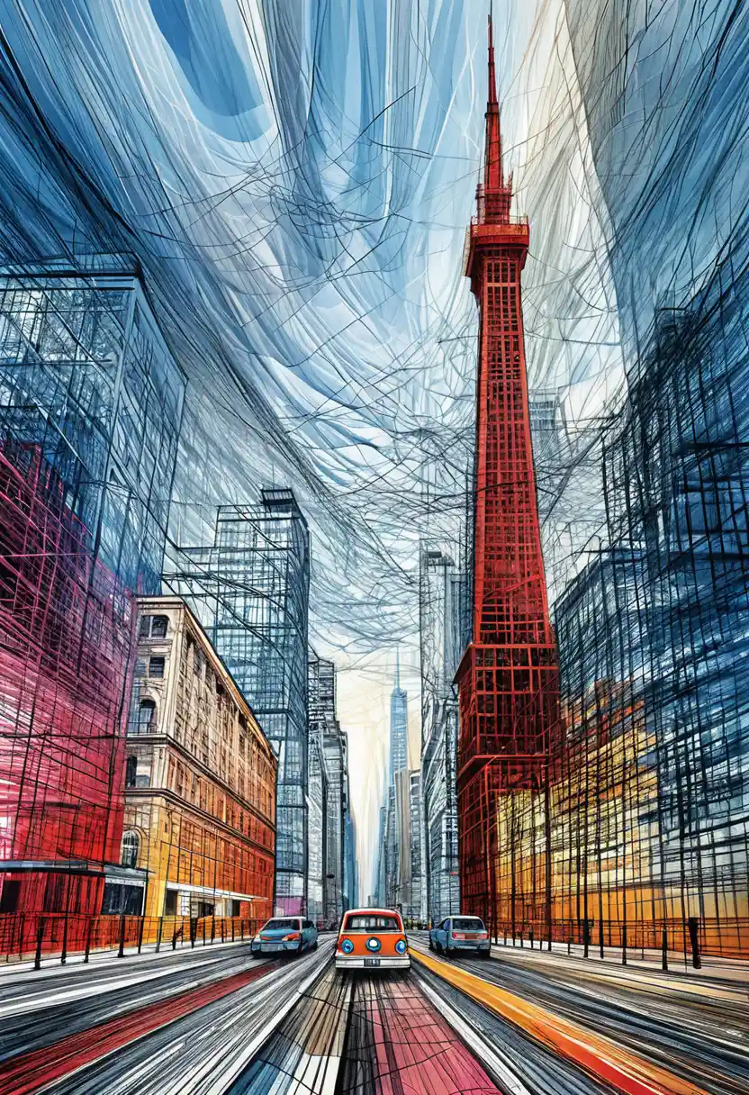 Vibrant line art city street with towering red skyscraper