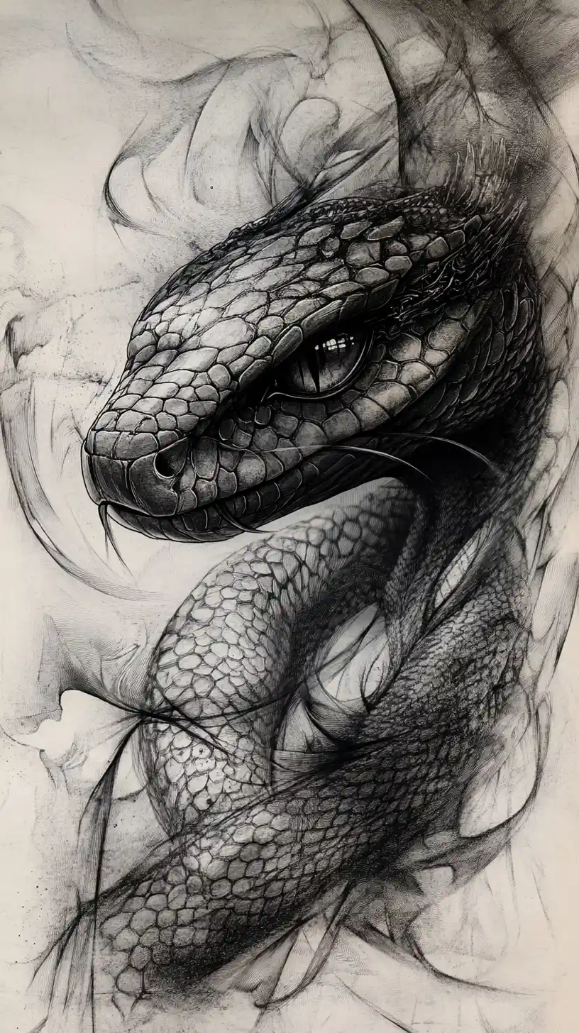 Ritratto surreale di serpente a carboncino con sguardo ipnotico ed enigmatico