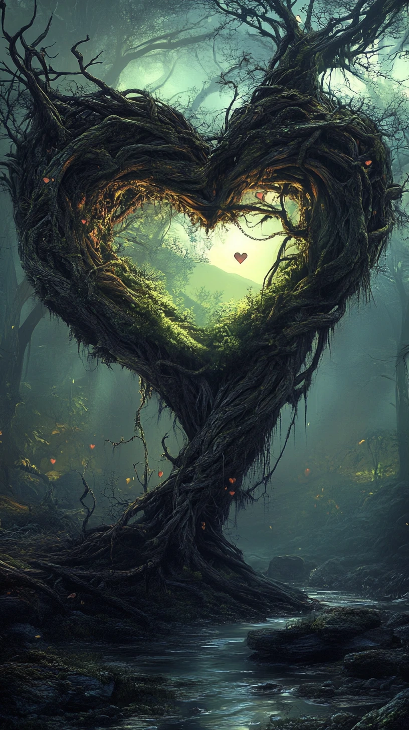 Uralter herzförmiger Baum in einem dunklen Fantasy-Wald