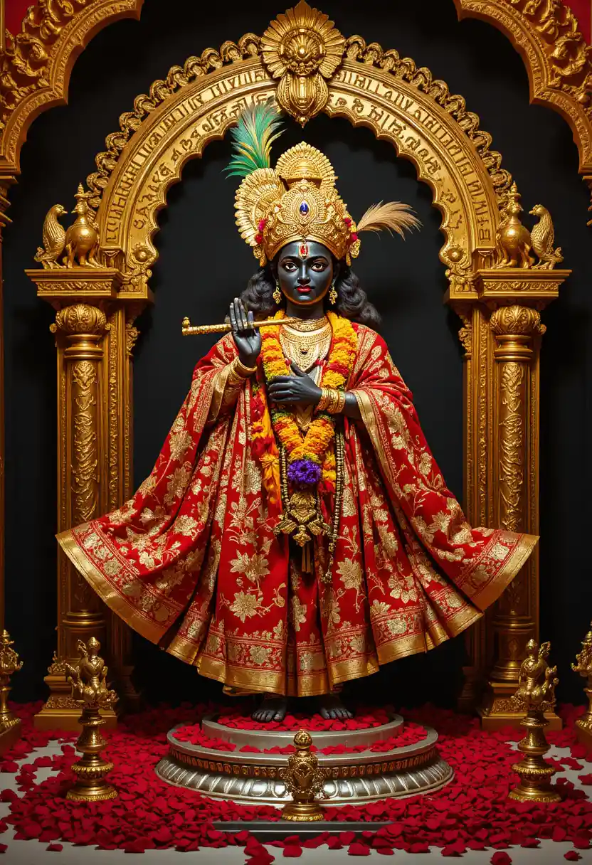 Hindu deity statue adorned in red and gold temple finery