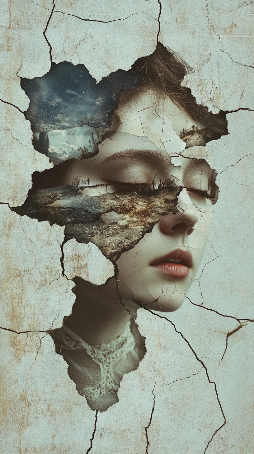Surreal double exposure postcard on cracked vintage paper