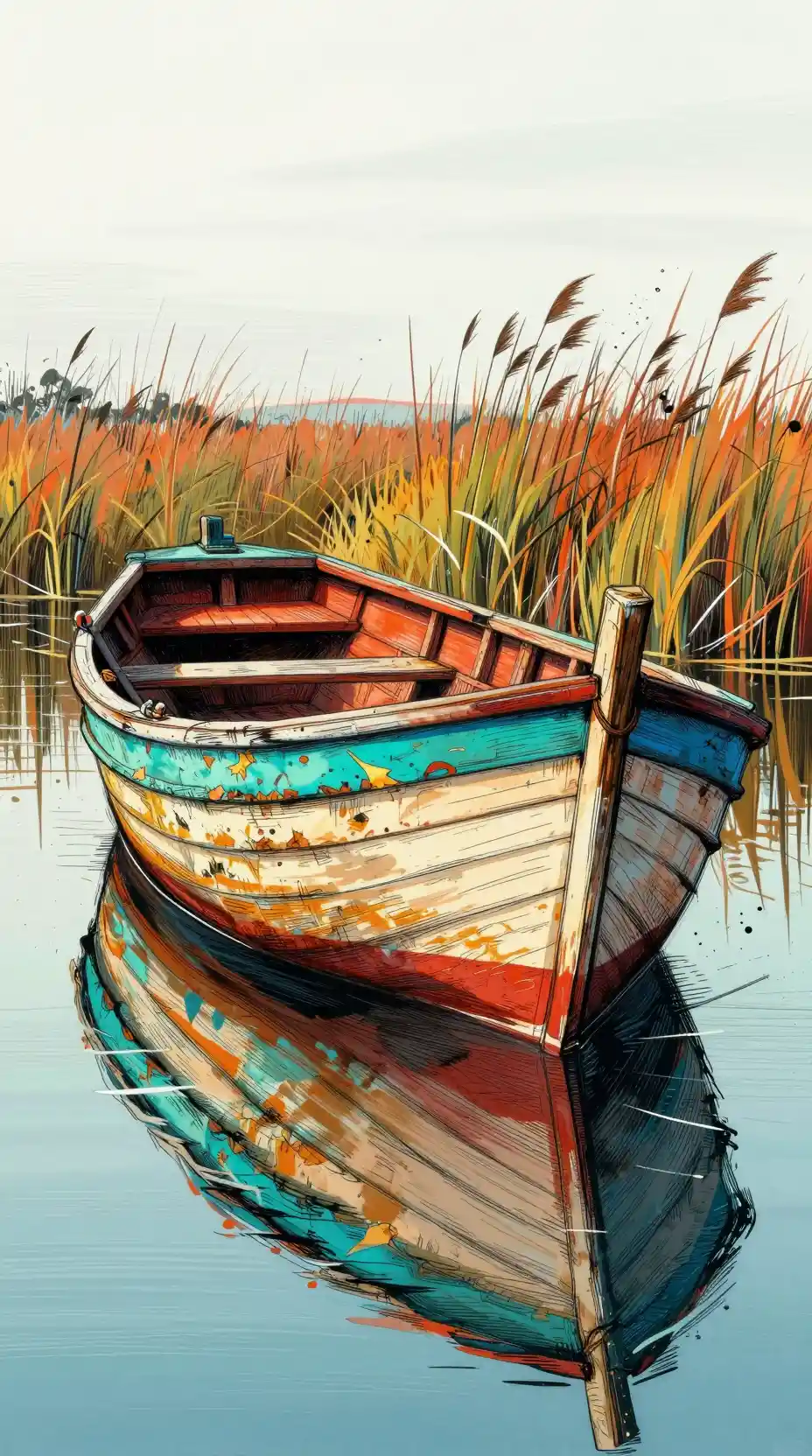 Expressive line art fishing boat with colorful weathered hull