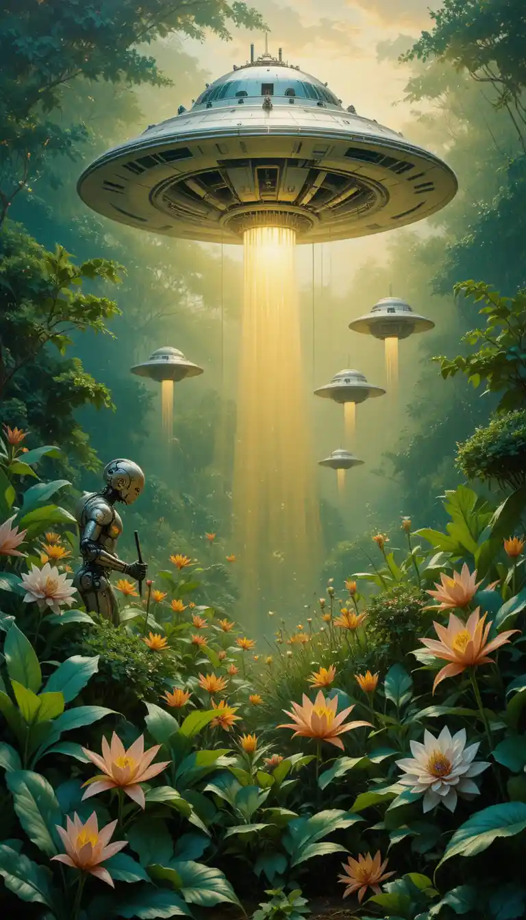 Futuristic Robots Tending A Lush Mechanical Garden