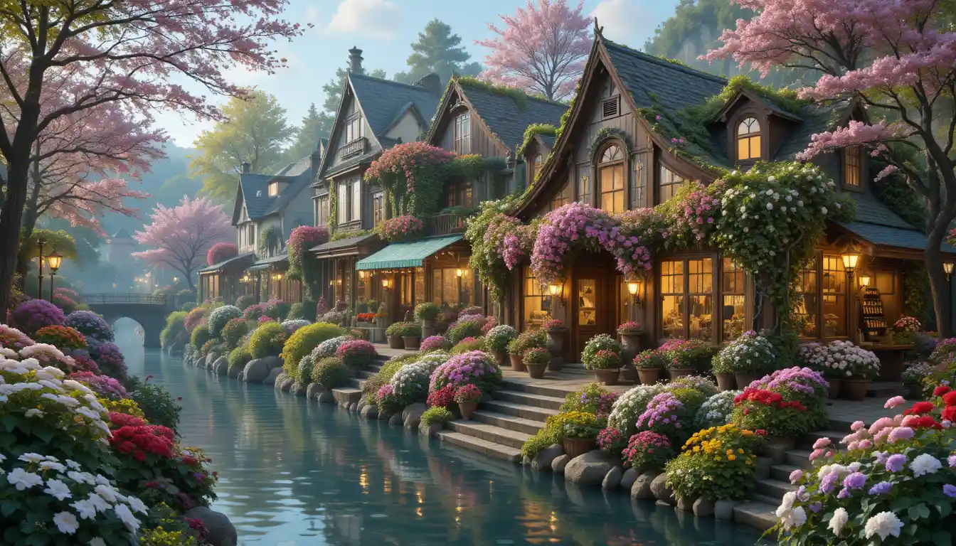 Whimsical flower shop by the water in romantic spring light