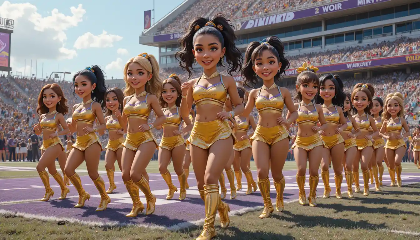 Squadra di cheerleader con divise dorate in esibizione sul campo dello stadio