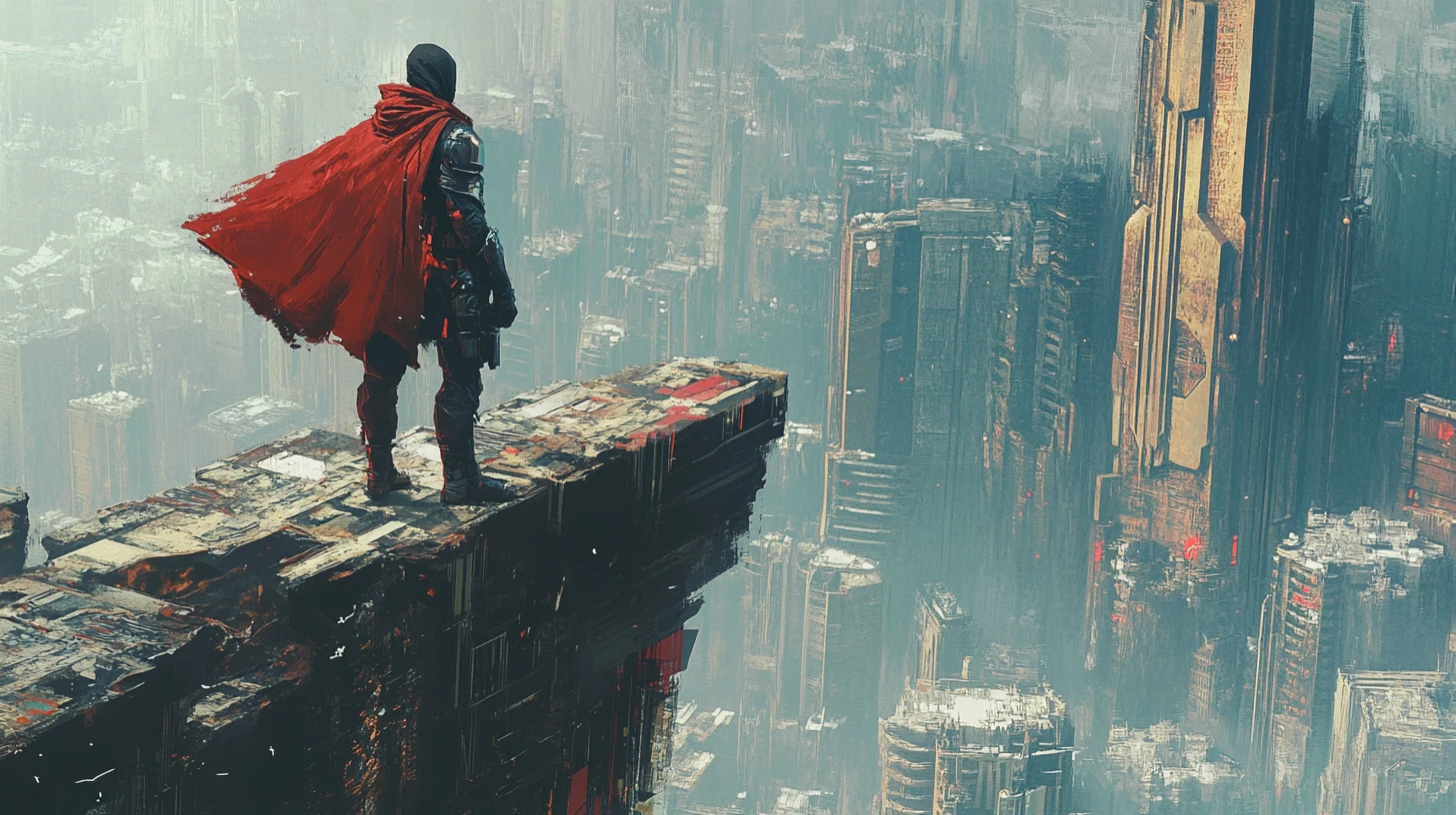 Masked vigilante on cliff above dark industrial city