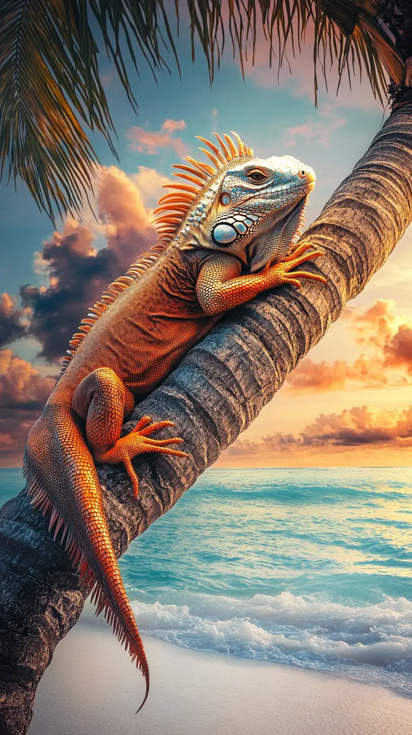 Golden iguana resting on palm tree at tropical beach sunset