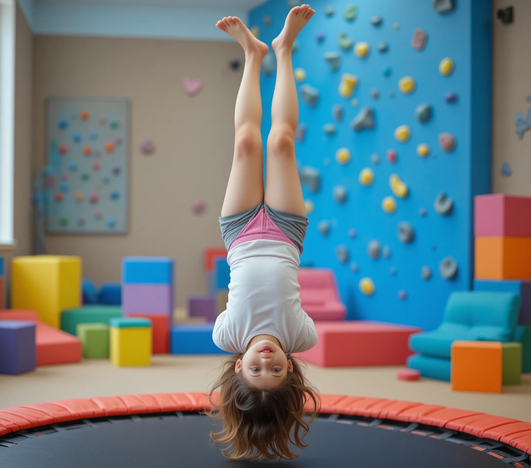 Niña joven dando una voltereta en un trampolín en gimnasio interior