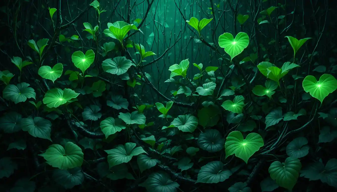 Folhas de Coração Brilhantes em um Santuário Verde Futurista e Escuro