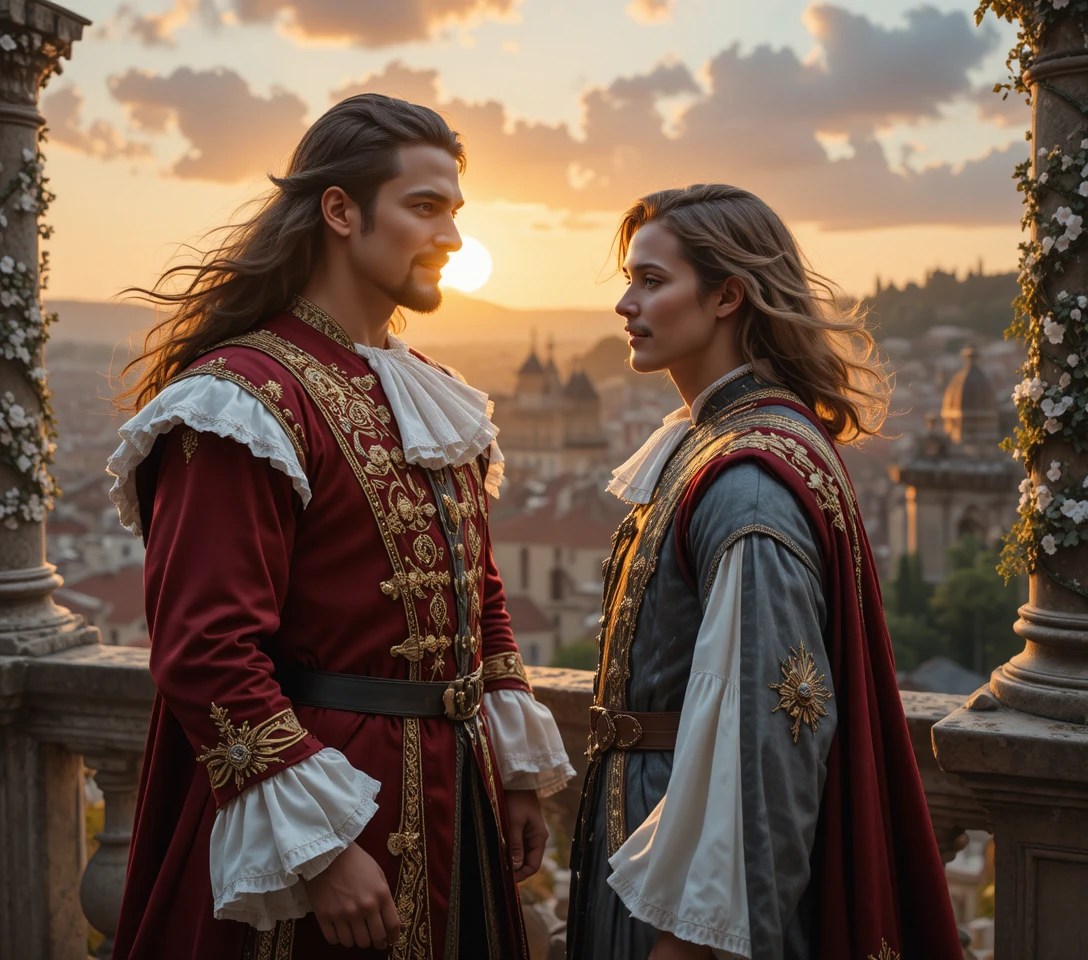 Proud nobleman on balcony above a medieval city at sunset