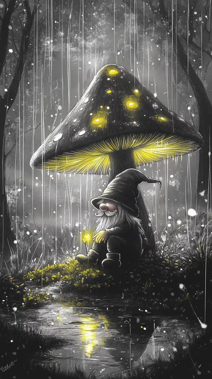Charcoal fantasy garden gnome under a glowing mushroom