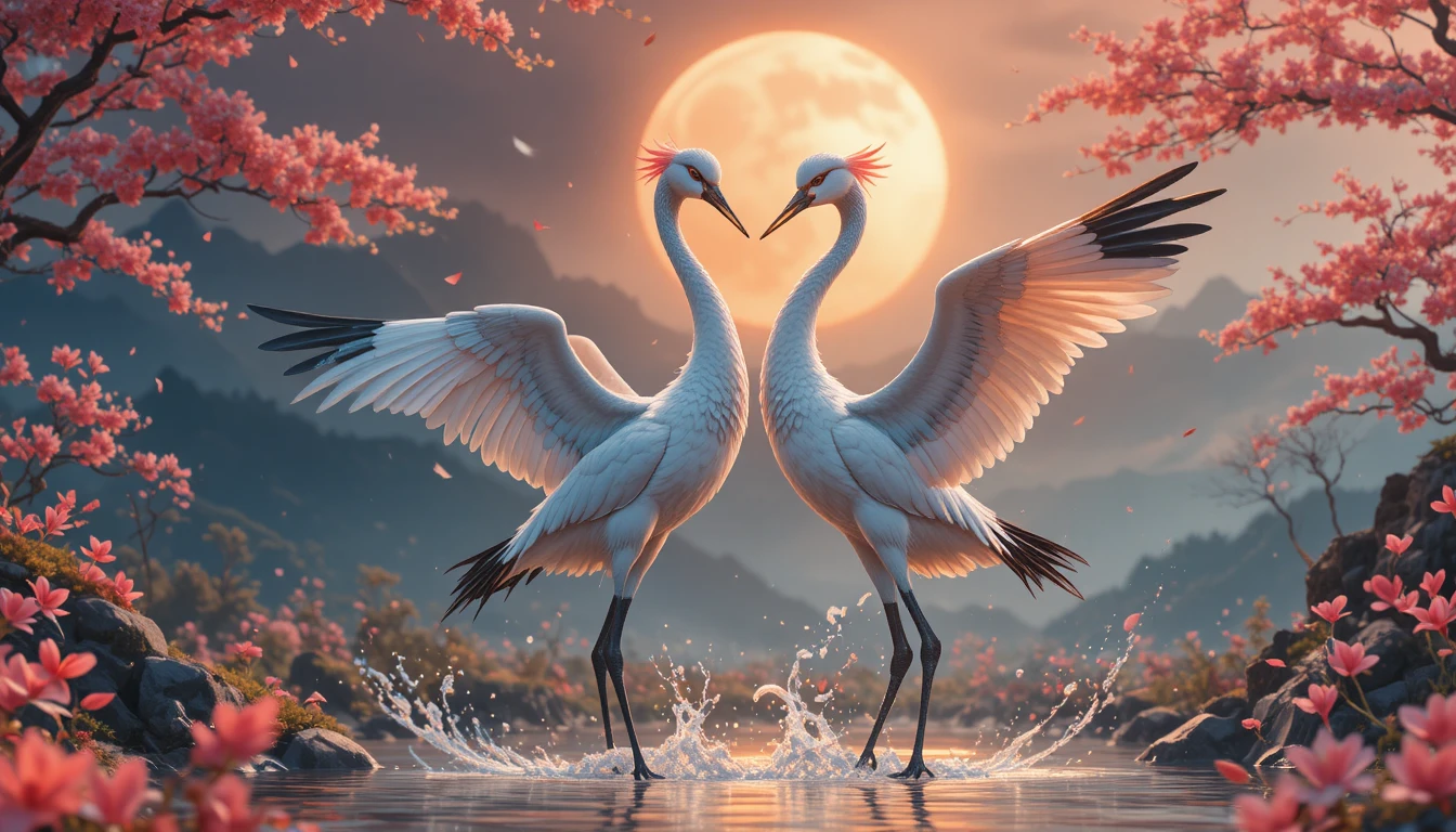 Dois grous dançando em uma paisagem romântica de primavera