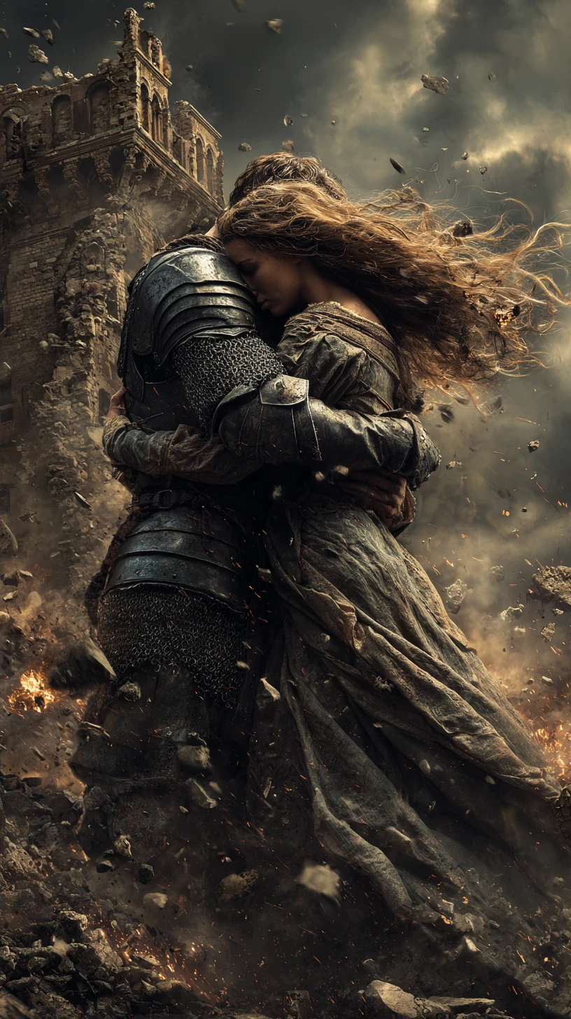 Medieval knight shielding a woman amid burning ruins