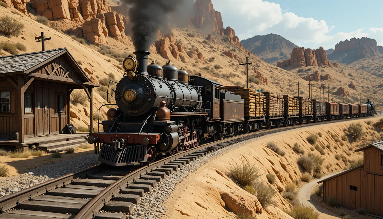 Antique steam train on curved tracks in arid mountains