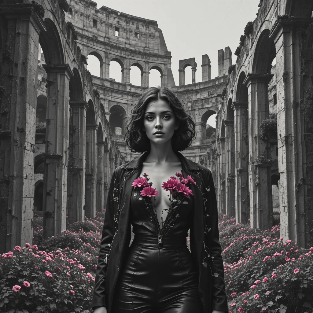 Retrato surrealista de mujer entre las ruinas del Coliseo