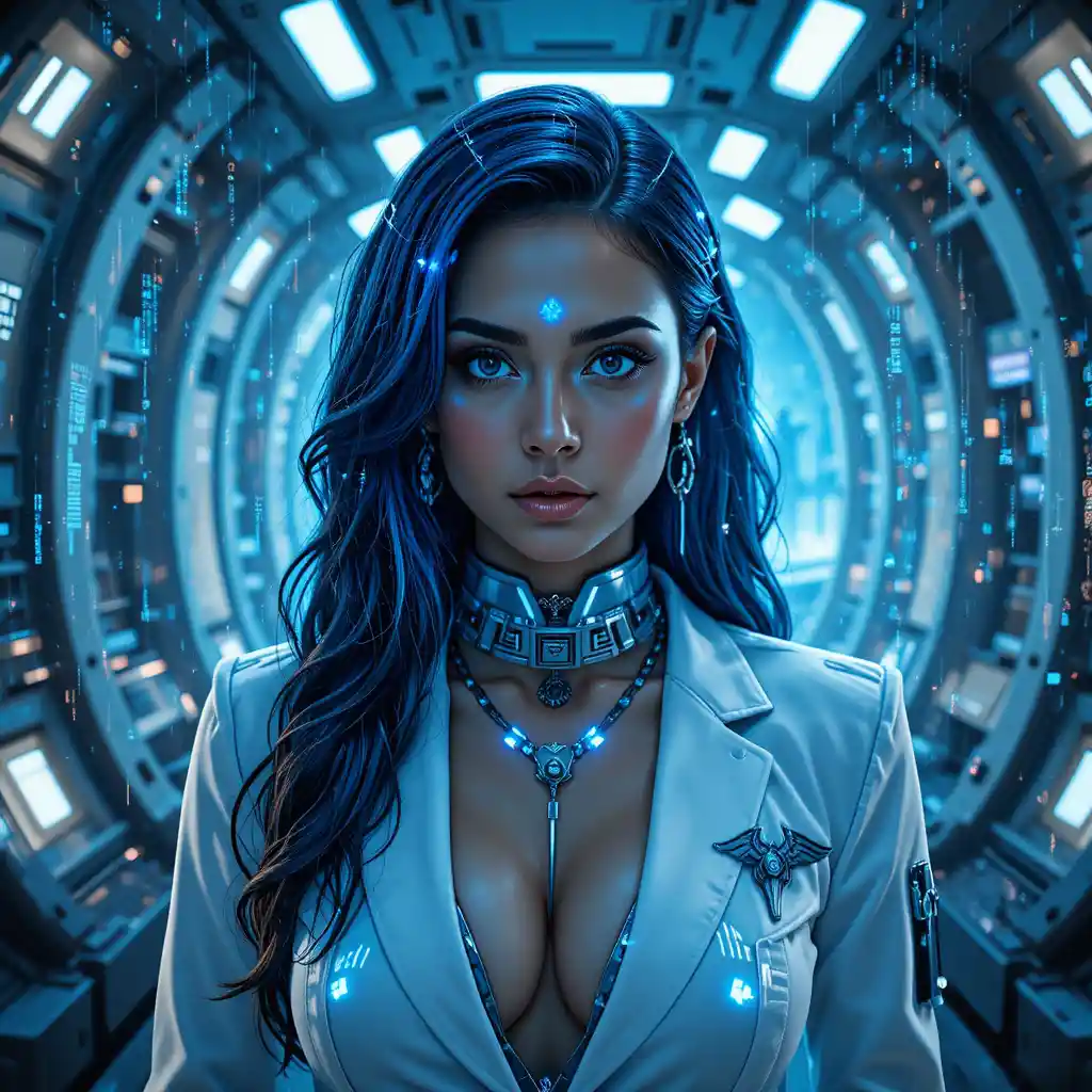 Futuristischer Arzt in cyanbeleuchtetem Medizinbay auf Coruscant