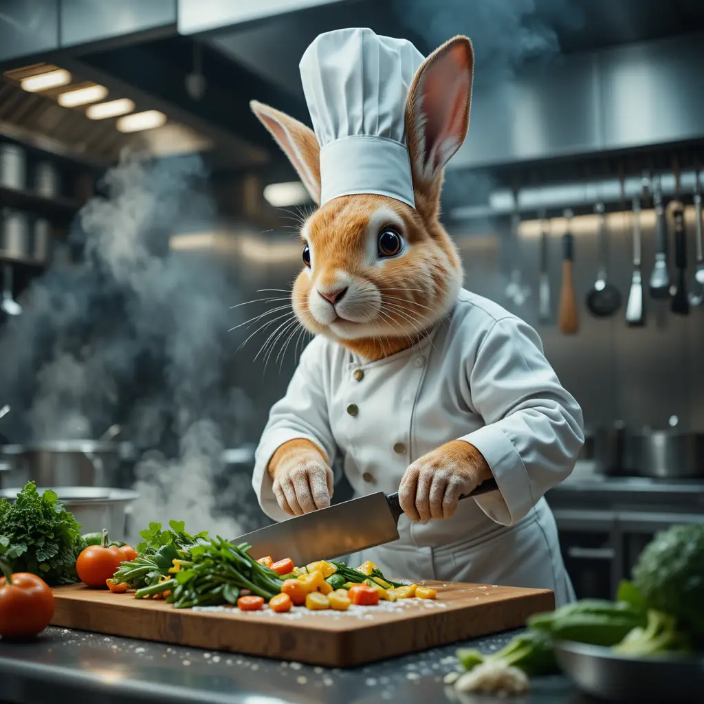 Anthropomorphic rabbit chef chopping vegetables in stainless kitchen