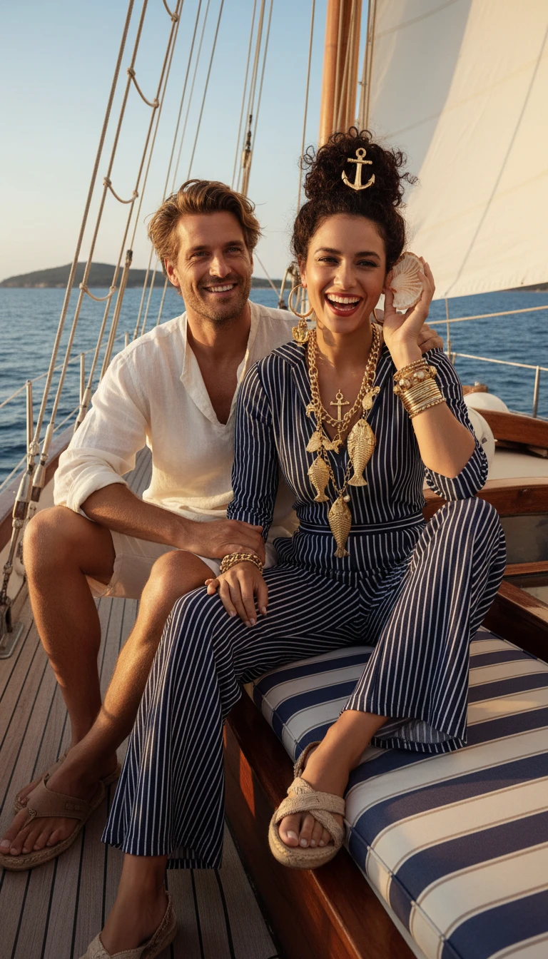 Elegante coppia di marinai che si rilassa insieme su una barca a vela