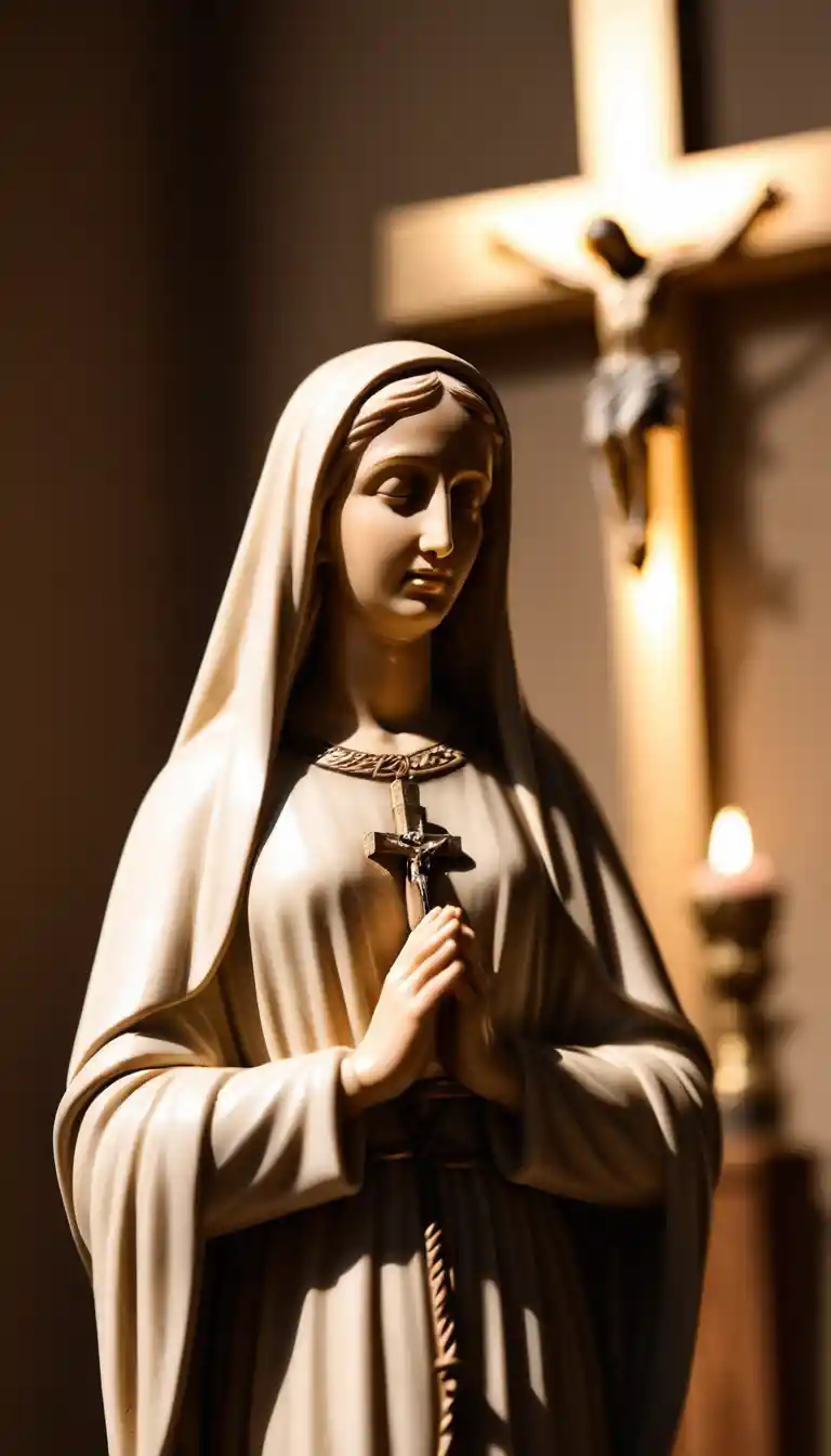 Statue de la Vierge Marie en léger flou dans une chaude lumière d’église