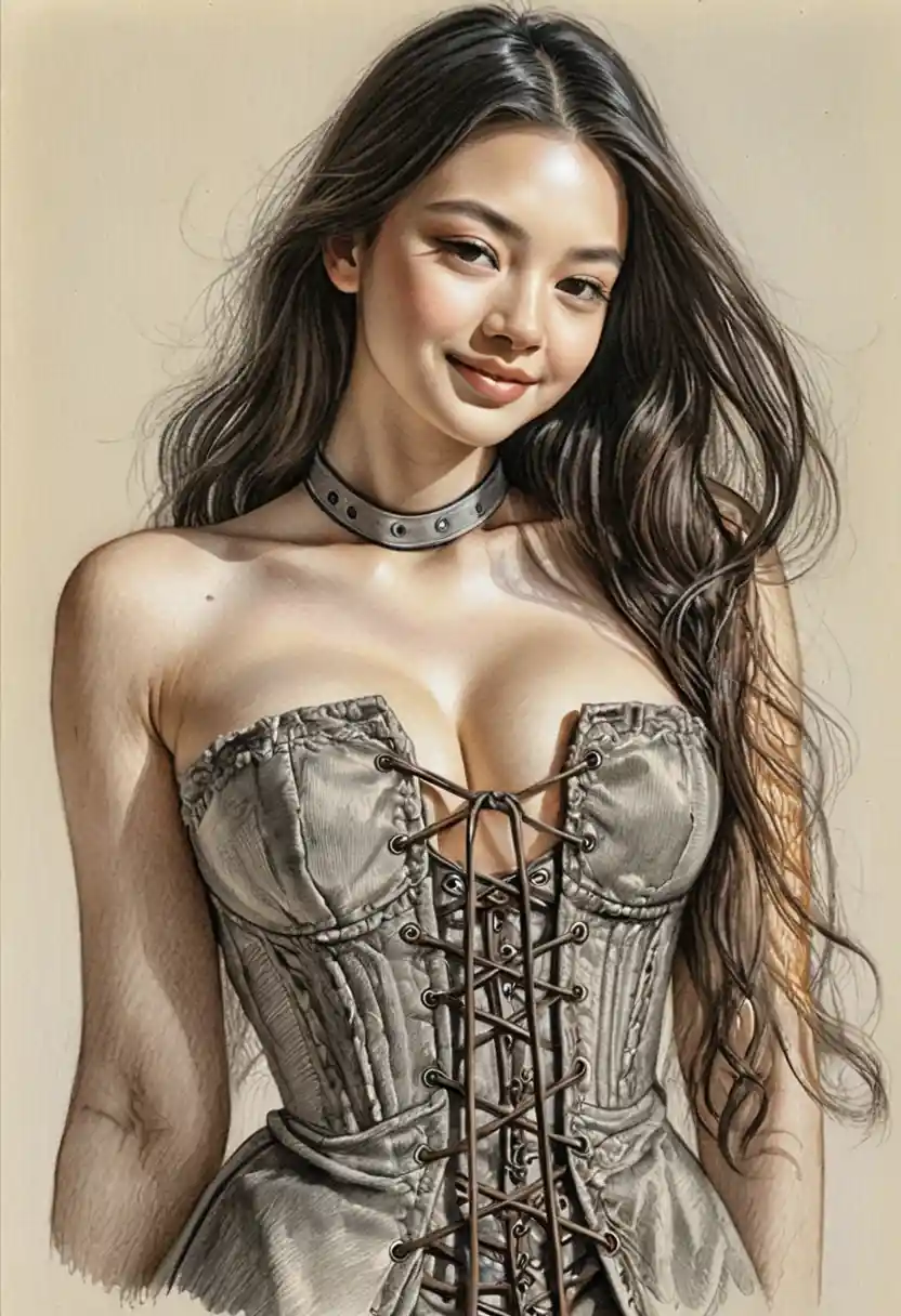 Sepia portrait drawing of young East Asian woman in corset
