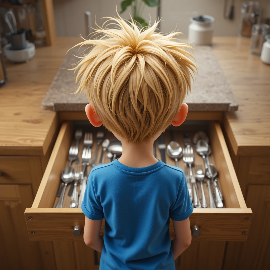 Niño buscando tenedores en un cajón de cocina abierto