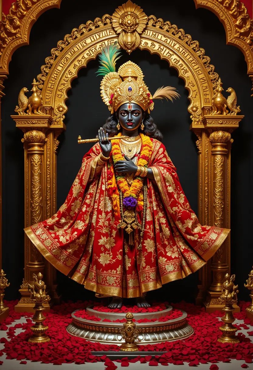 Estatua de deidad hindú adornada con atuendos de templo en rojo y dorado
