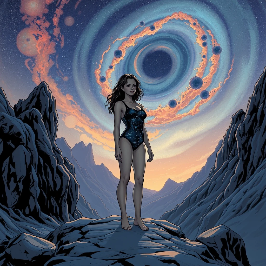 Bioluminescent girl on a cosmic mountain peak in swirling space