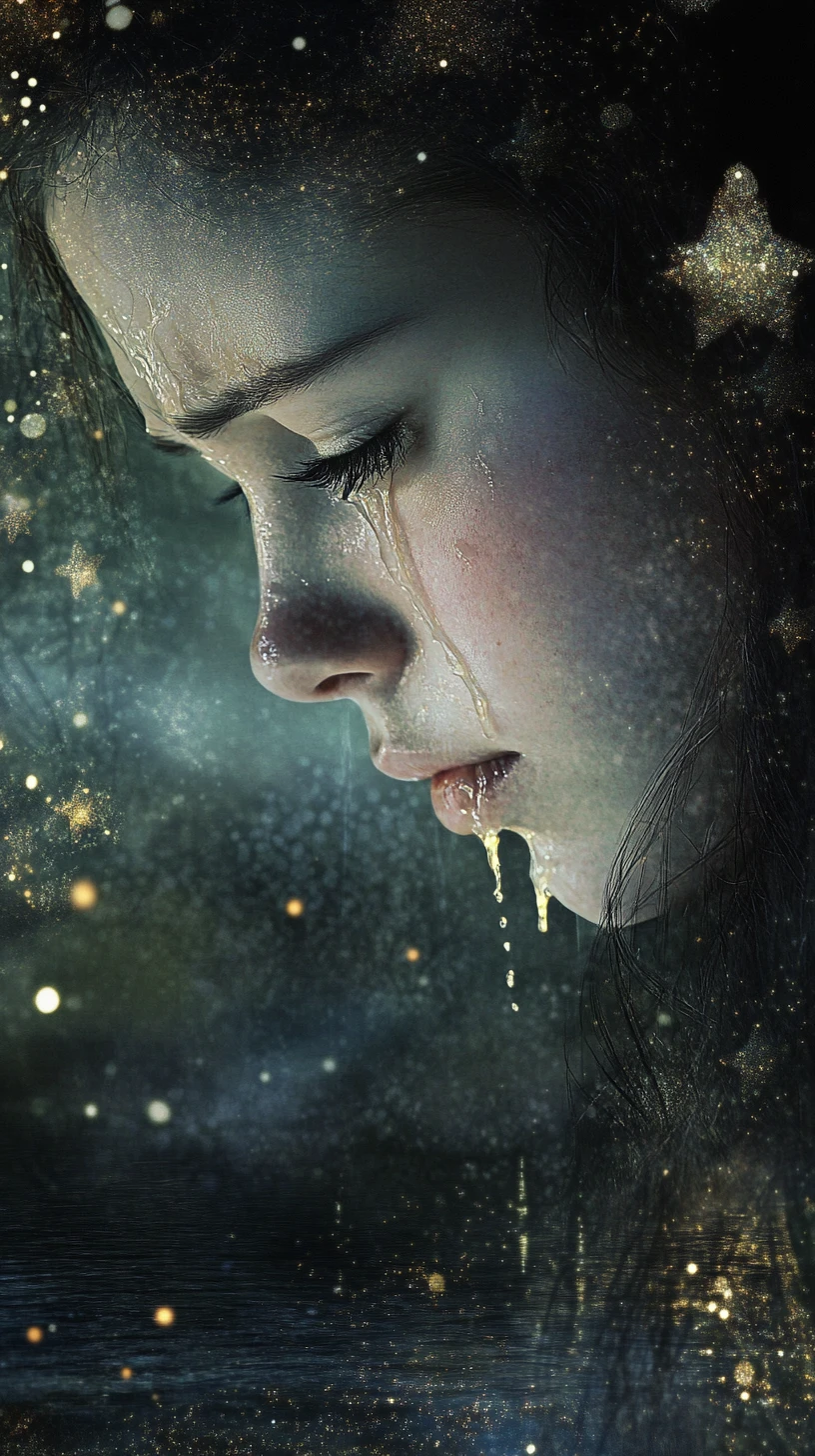 Crying woman by a glowing cosmic lake under stars