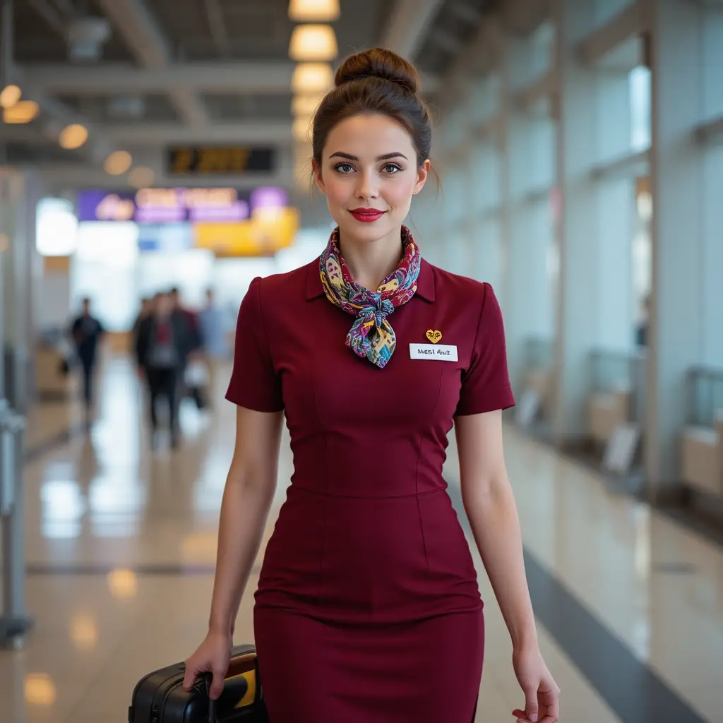 Smiling flight attendant walking through airport with suitcase