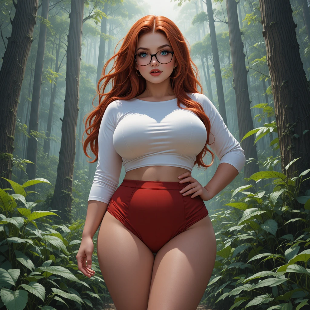 Curvy redhead woman in wet blouse in rainy forest