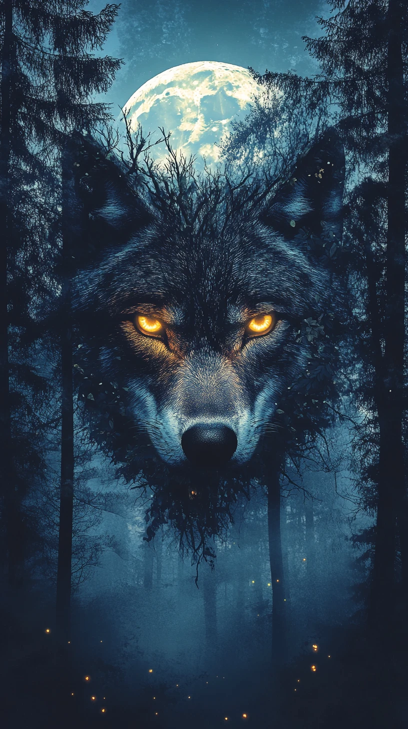 Surrealistisches Wald-Wolf-Porträt unter einem leuchtenden Vollmond