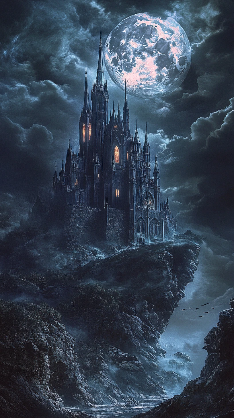 Castillo gótico sobre un acantilado rocoso bajo la luz de la luna