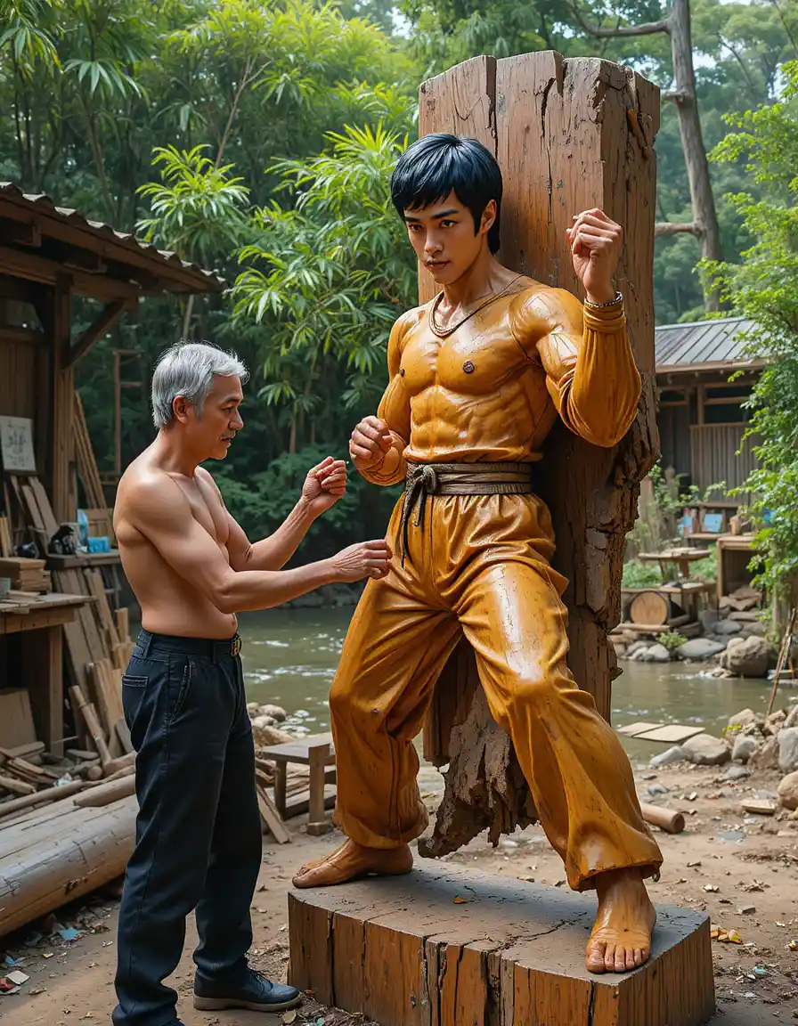 Elderly craftsman carving wooden martial artist sculpture outdoors