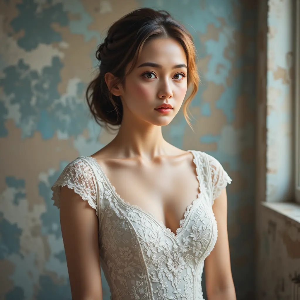 Bride in vintage lace dress against rustic studio wall