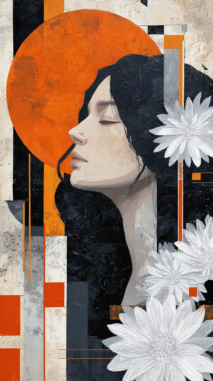 Serene female profile with flowers and orange moon