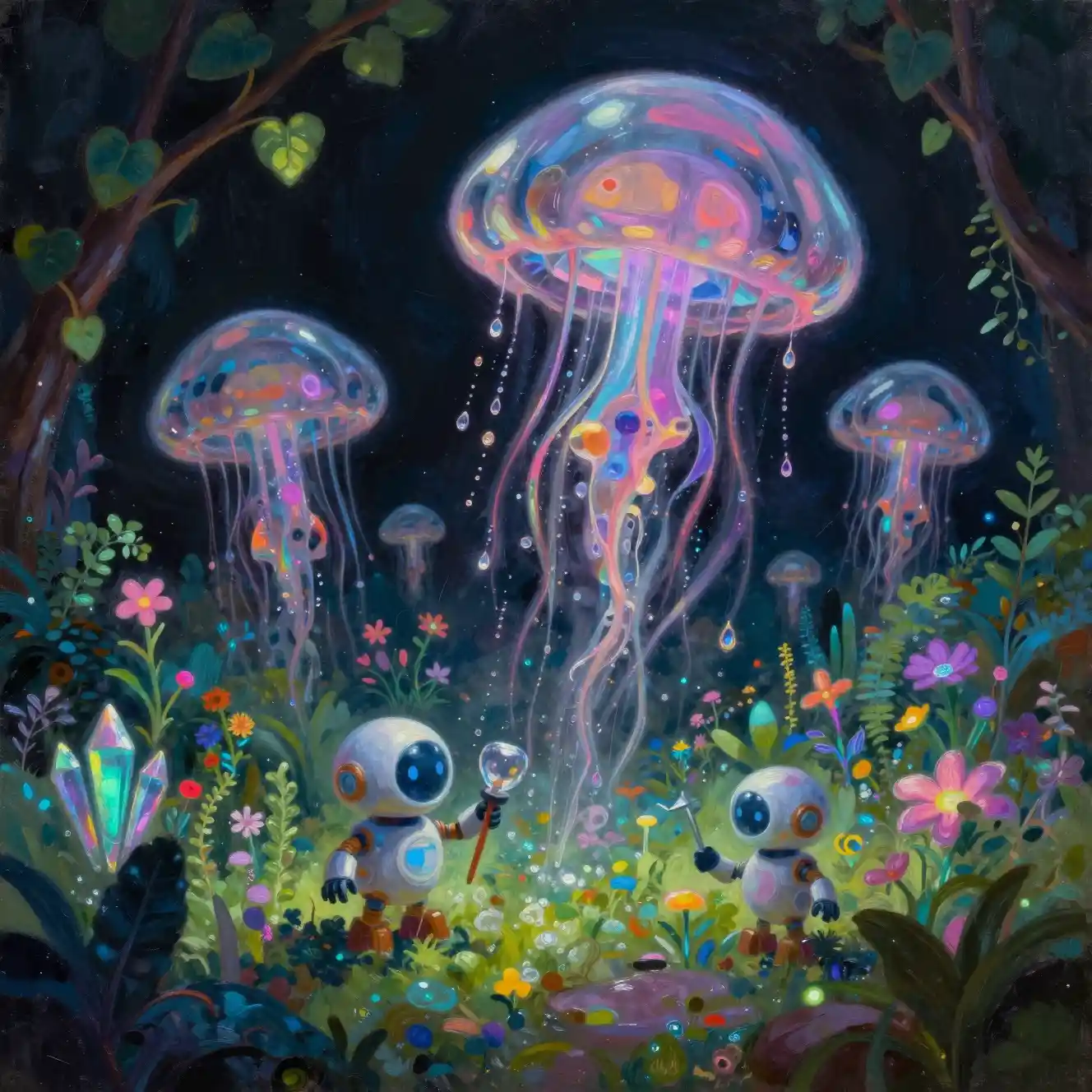 Whimsical robots tending a glowing futuristic garden