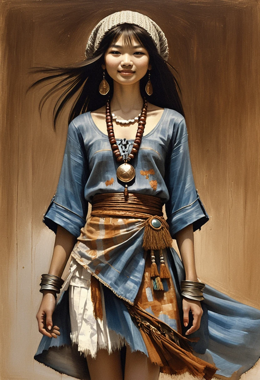 Young asian woman in bohemian outfit on abstract painted background