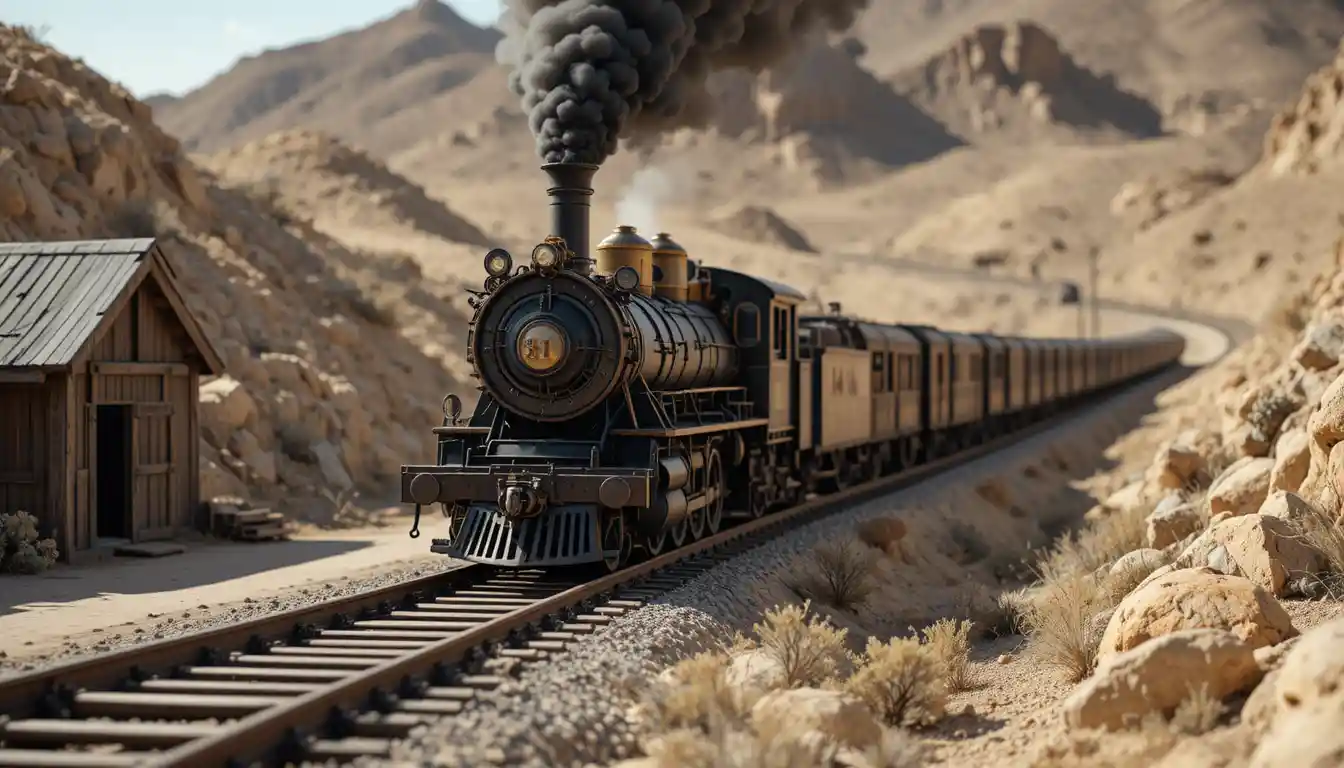 Antique steam train on curved tracks in arid mountains