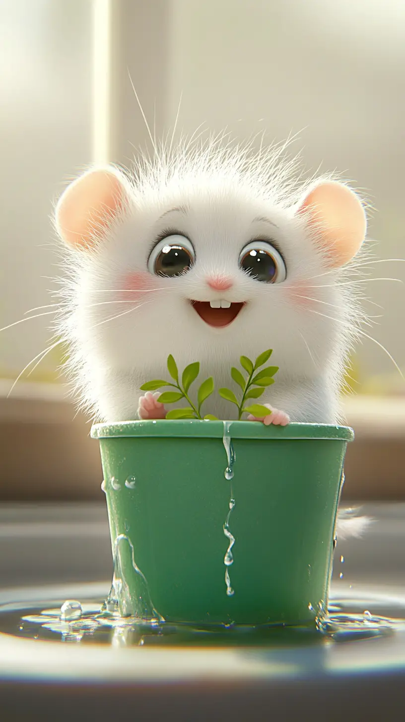 Cute cartoon mouse in green pot with water puddle