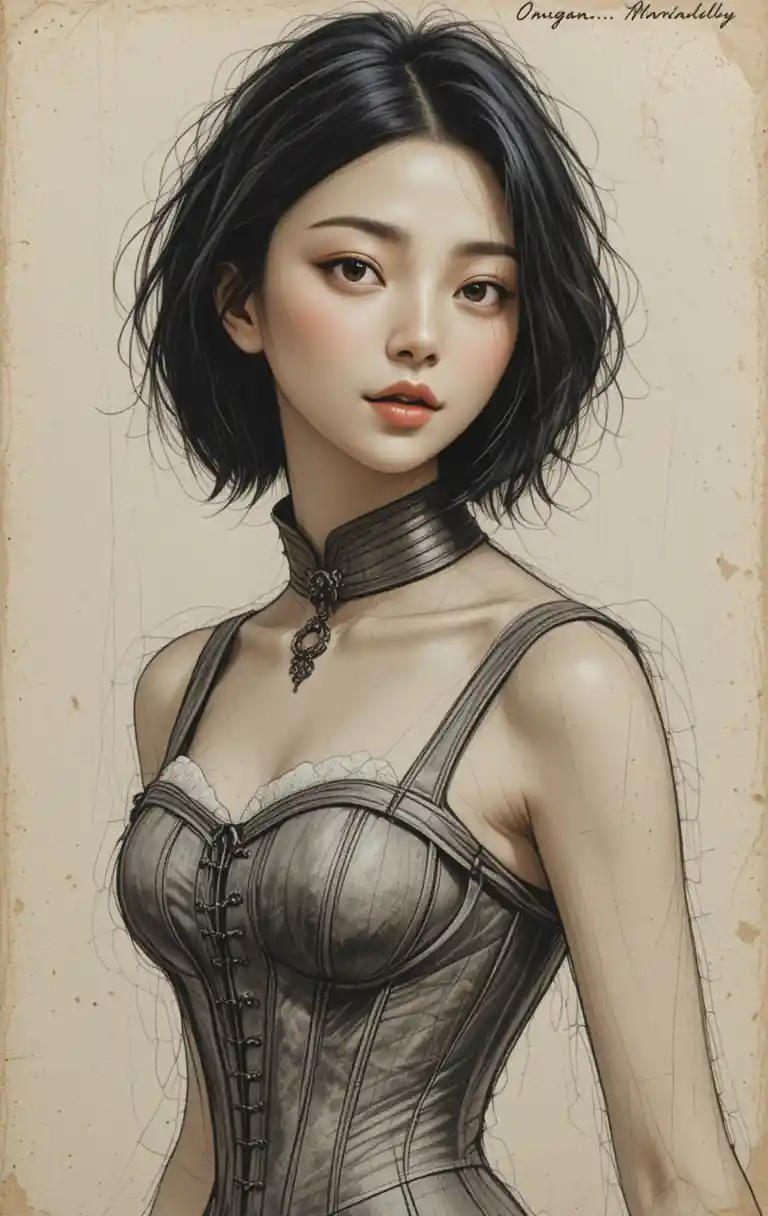 Sepia portrait drawing of young East Asian woman in corset