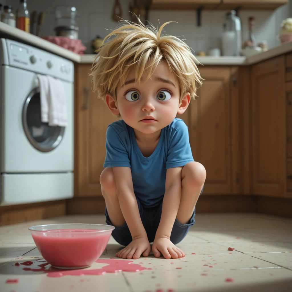 Niño triste sentado solo en el suelo de la cocina